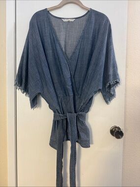 Trina Turk Blue Chambray Tie-Waist Kimono Top